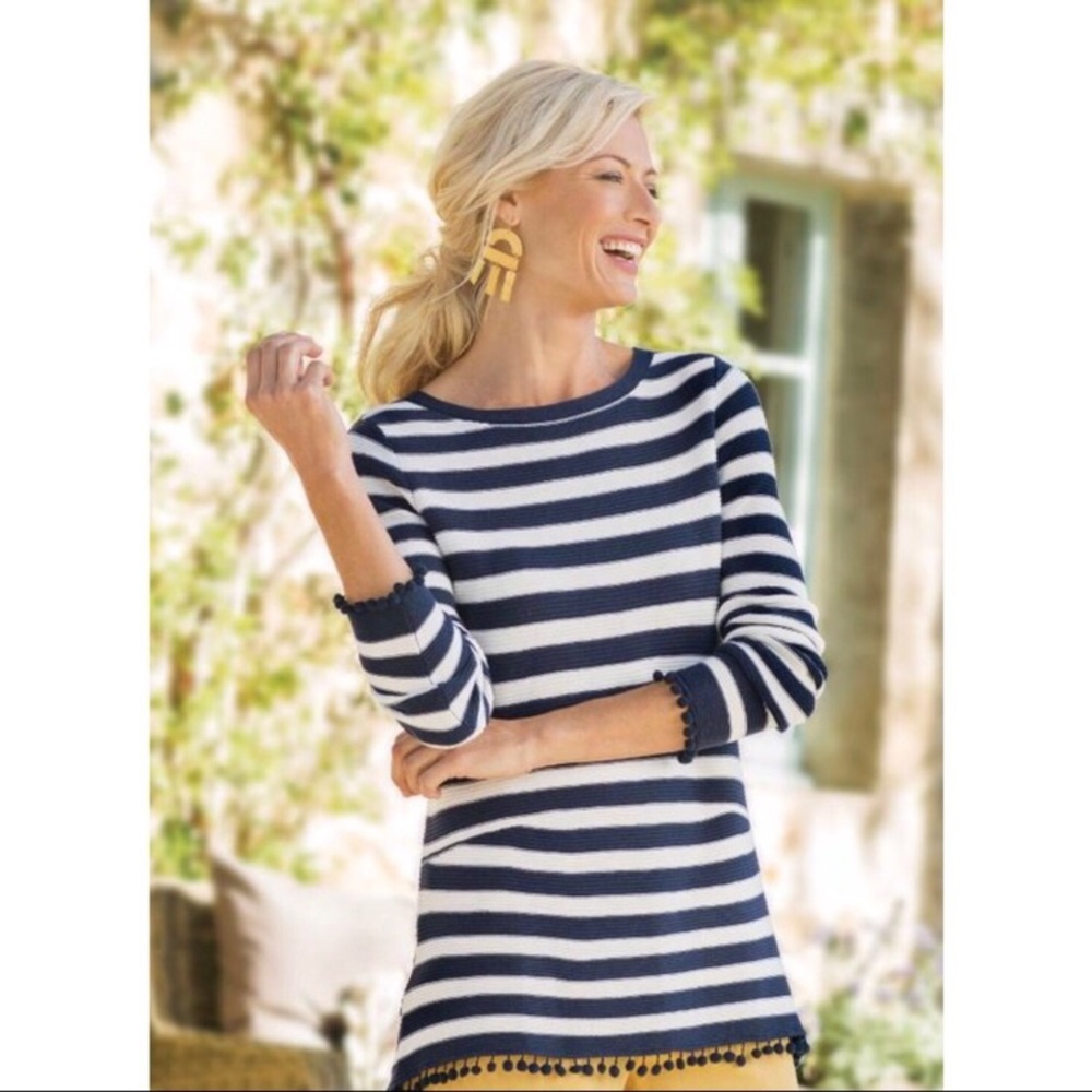 {SOFT SURROUNDINGS} NAVY STRIPED POM POM SWEATER